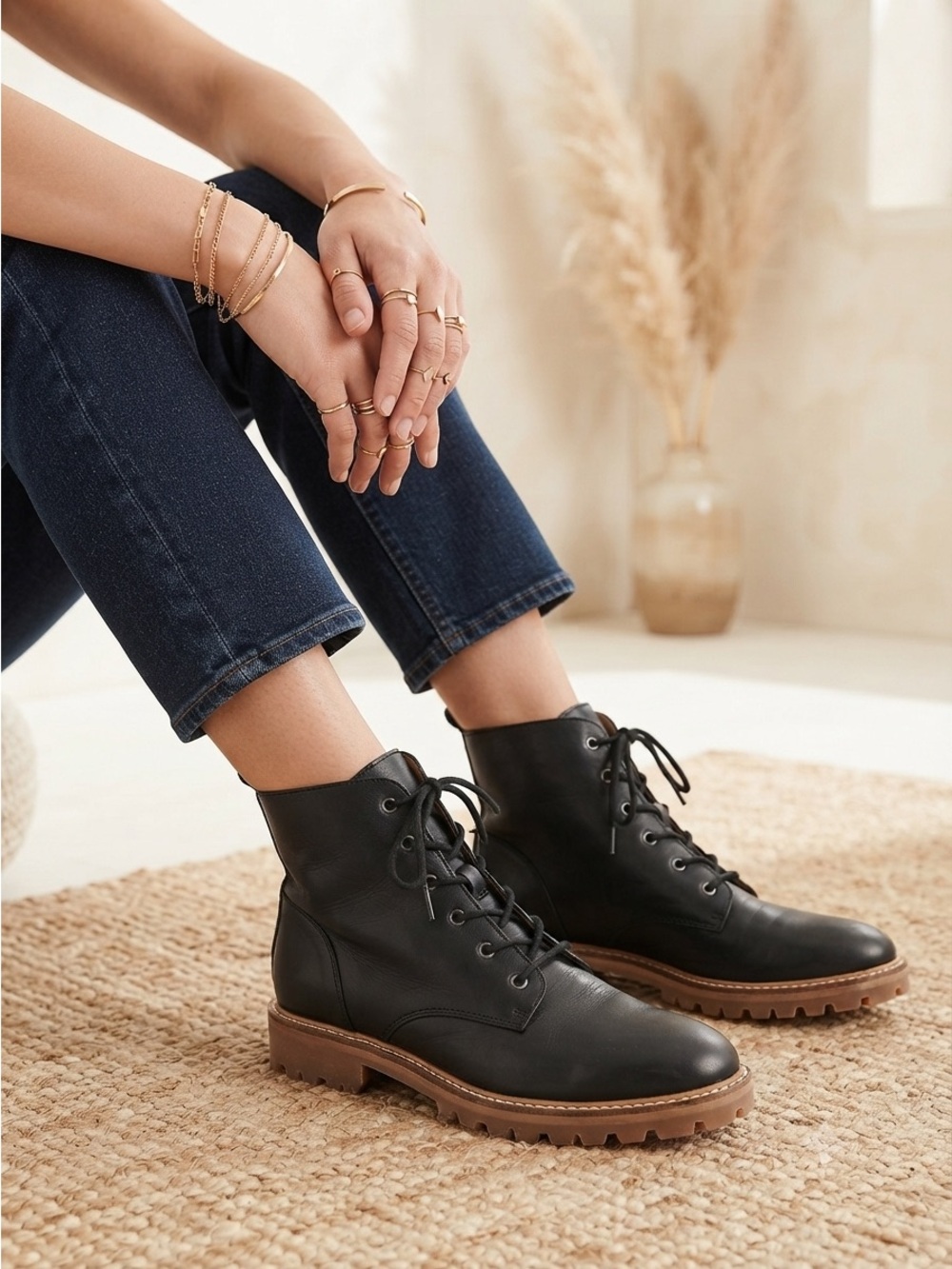 Madewell Black Leather Lace-Up Combat Boots with Brown Lug Sole
